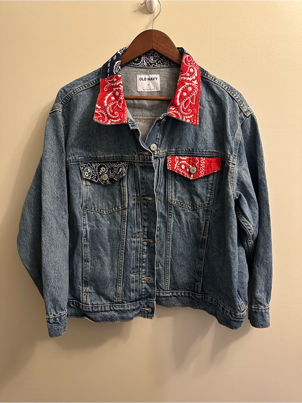 Old Navy Blue Denim Jacket with Red & Black Bandana Trim